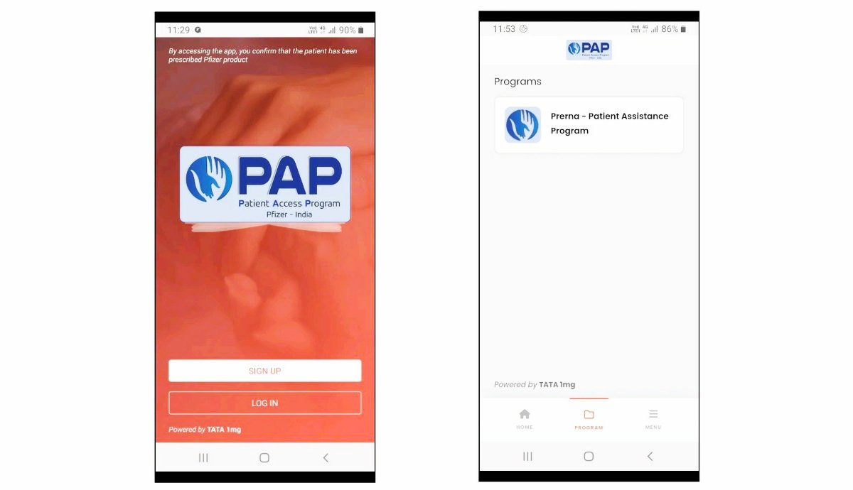 Pfizer PAP India patient mobile app